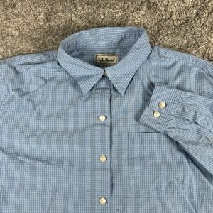 LL Bean Button Shirt Womens L Blue Grid Print Long Sleeve Cotton Classic Preppy